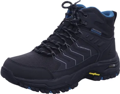A single black hiking boot with blue accents on a white background.