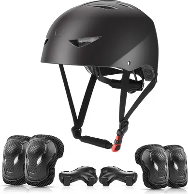Produktbild von Kinderhelm Set - Skateboard Schutz - Knieschützer - Ellbogenschützer - Fahrradhelm Kinder - Kinderfahrradhelm Set - Helm/Ellbogen/Knie Schützer für Kinder - Schwarz
