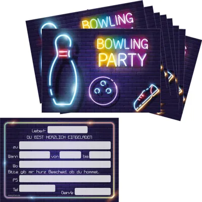 Produktbild von PRICARO Einladungskarten Kindergeburtstag, A6 "Bowling Neon", 10 Stück