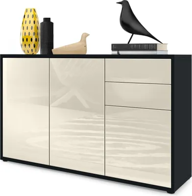 Produktbild von Vladon Sideboard Ben V3, Kommode mit 3 Türen und 2 Schubladen, Schwarz matt/Creme Hochglanz (117 x 74 x 36 cm)
