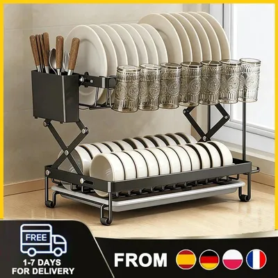Obrázok produktu pre Elzusha – Odkladací stojan na riad, skladací, 2-poschodový, s nastaviteľnou výškou