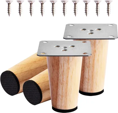 Produktbild von 4 Stück 8 cm Holz Möbelbeine mit Montageplatten, Schrauben und Filzgleitern