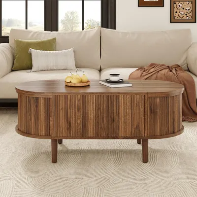 Produktbild von Couchtisch mit Stauraum Ovaler Verstellbarer Beistelltisch Wohnzimmertisch Wohnzimmermöbel 100 L x 48 B x 53,5(cm) Nussbaum