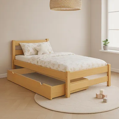 Produktbild von MEBLE WRÓBEL Kinderbett 80x180 cm mit Schublade und Lattenrost - Einzelbett aus Kiefer Massivholz - Kinder Bett Montessori – Jugendbett Unlackiert - ohne Matratze