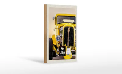 Produktbild von Holzschild Reise 12x18 cm Amerika Oldtimer gelb Auto Gitarre