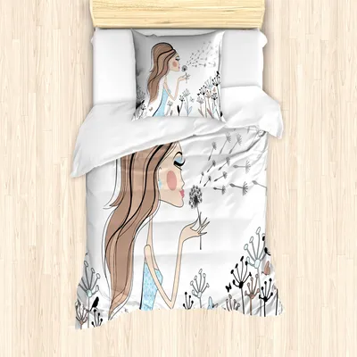 Produktbild von ABAKUHAUS Retro Mantele, Löwenzahn-Blume Frühling, Milbensicher Allergiker geeignet mit Kissenbezügen, 135 cm x 200 cm - 80 x 80 cm, Warm Taupe und Blau
