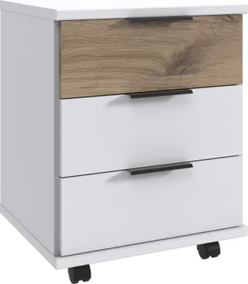 Produktbild von Jugendzimmer-Rollcontainer 46 cm breit in weiß mit Eiche, mit 3 Schubladen NOLI-43
