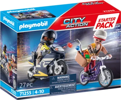 The image shows the packaging of a Playmobil City Action starter pack featuring two figures on vehicles.