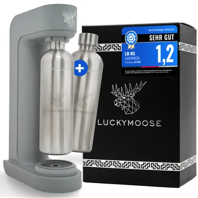 Produktbild von Luckymoose Infinity Wassersprudler mit 2x 1,25L langlebigen, spülmaschinenfesten Edelstahlflaschen – CO₂-sparende Sprudelwasser Maschine