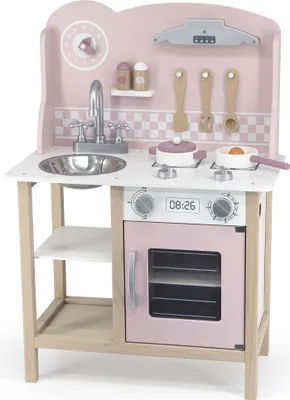 Produktbild von Viga Toys - VIGA PolarB Holzküche mit silbernem und rosa Zubehör