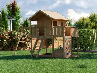 Produktbild von Fungoo Grün Braun Spielturm Stelzenhaus Sunshine, Kesseldruckimprägniert Kiefer Holz, Mit Spielhaus Doppelschaukel Kletterwand Sandkasten Toybox, Inklusive Sicherheitspaket Piraten Lenkrad Teleskop Periskop