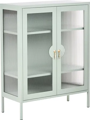 Produktbild von BELIANI Sideboard Mintgrün Metall mit Riffelglas 2 Türen 3 Fächer Industrie Loft Design Homeoffice Büroschrank Metallschrank Vitrine Vitrinenschrank