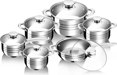 A set of stainless steel pots and pans with glass lids, arranged on a white background.