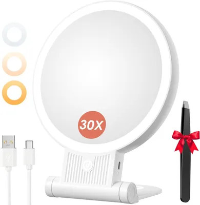 Produktbild von Kosmetikspiegel mit Beleuchtung, 30X/1X Doppelseitig Schminkspiegel mit Licht, Dimmbar Spiegel Tischspiegel, 3 Farblichter Handspiegel, Faltbar Vergrößerungsspiegel für Zuhause Reise Kosmetik