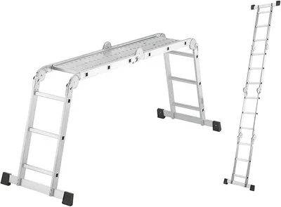 Imagen del producto de Silecomplaza M60 Escalera universal de aluminio - Escalera combinada con 4 peldaños, con capacidad de carga de hasta 150 kg. Escalera multiusos que puede utilizarse como plataforma de trabajo antideslizante, escalera de aplicación y escalera de pie. Cuenta con 6 articulaciones de seguridad. Color: plateado