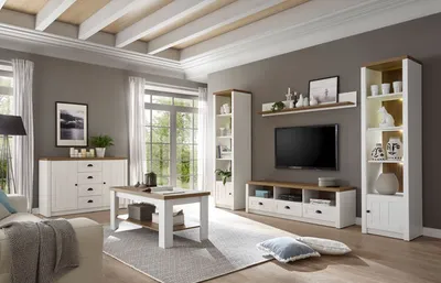 Produktbild von Landhaus Wohnwand Mediawand Anbauwand Wohnzimmer 260cm pinie weiß eichefarben hell