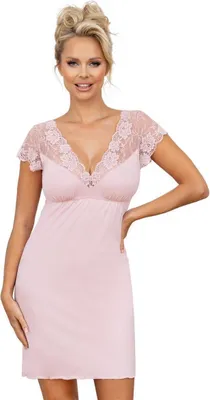 Produktbild von DONNA Elegantes kurzes Nachthemd/Negligee mit Spitze, Kurzarm Rosa Spitze, Gr. 38