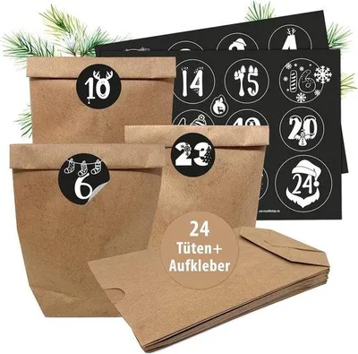 Obrázek produktu pro Adventní kalendář – 24 velkých papírových sáčků – včetně samolepek – určený k vlastnímu naplnění pro děti