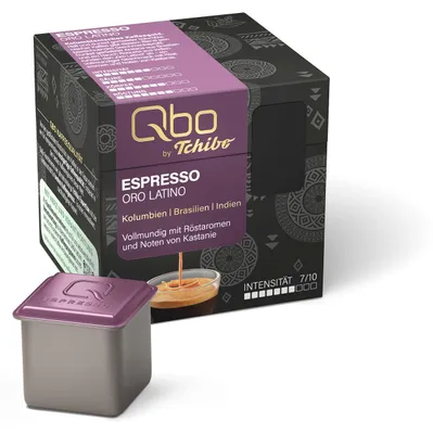 Produktbild von Tchibo Qbo Espresso Oro Latino Premium Kaffeekapseln, 8 Stück (Espresso, Intensität 7/10, vollmundig mit Röstaromen), nachhaltig & aus 70% nachwachsenden Rohstoffen¹