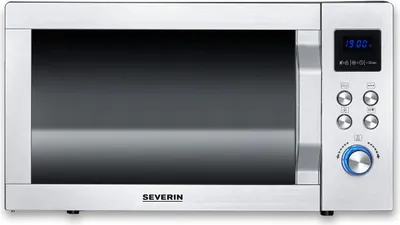 A front view of a silver and black Severin microwave oven.
