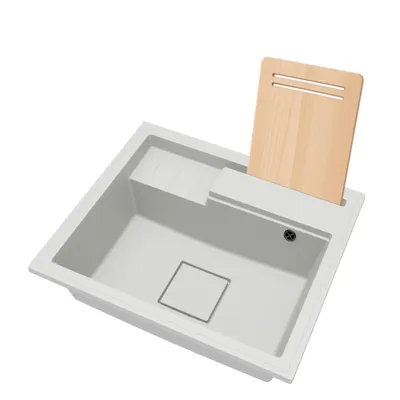Produktbild von Granitspüle Einbecken Elite 6052 – Weiß – Schwarzer Siphon – Mit Schneidebrett