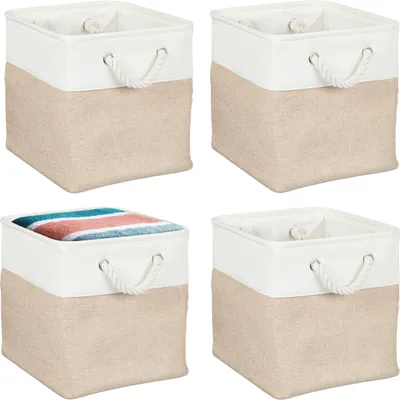 Produktbild von Relaxdays Aufbewahrungskorb, 4er Set, Leinen, mit Seilgriffen, Kleidung, Spielzeug, 28x28x28 cm, Regalkorb, beige/weiß