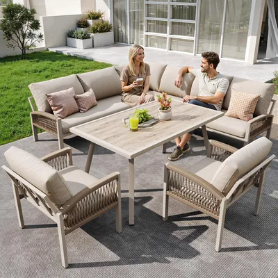 Produktbild von L-förmiges Gartensofa für 8 Personen Eisengestell mit beigen Kissen- Inkl. 1Tisch mit Holzoptik-Glasplatte und 2 handgeflochtenen Sesseln / Wetterfest