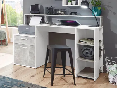 Image de FMD 3006-001 Bureau avec possibilités de rangement enReproduction blanc/béton Light Atelier, dimensions env. 138,5 x 92 x 53,5 cm (lxhxp)