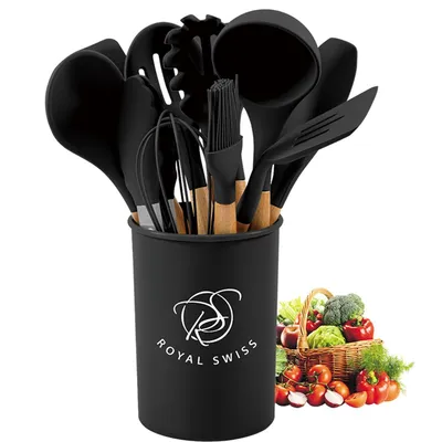 Image de Set d'ustensiles de cuisine 12 pièces – Silicone et acier inoxydable – Résistant à la chaleur jusqu'à 210 °C – Avec support – Royal Swiss®