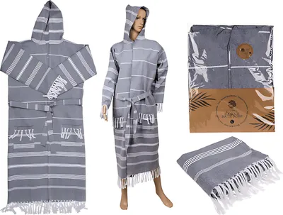 Produktbild von Grau/weißer Fouta-Hamam-Bademantel