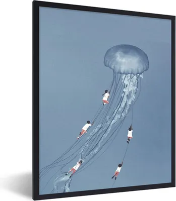 Produktbild von MuchoWow® Gerahmtes Poster Kinder - Quallen - Meerestiere - Vintage 60x80 cm - Poster mit Schwarzem Bilderrahmen Wandposter Rahmen Foto Bilder - Premium - Wanddeko Wohnzimmer