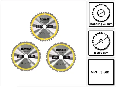 Image de DeWalt Lame de Scie Circulaire 3 Pièces. 216 x 2,6 x 30 mm pour Scie stationnaire