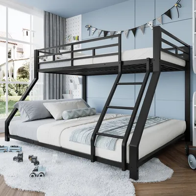 A children's bedroom with a black metal bunk bed.