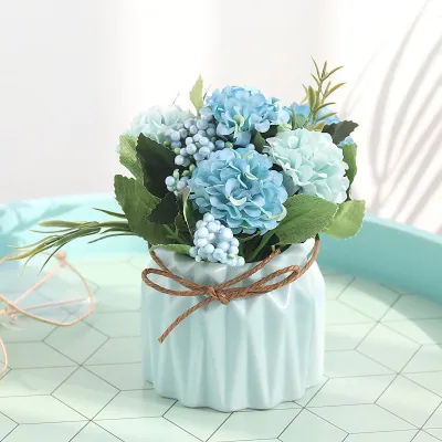 Immagine prodotto di Bouquet artificiale di ortensie in vaso con vaso per decorazione tavola da pranzo Blu