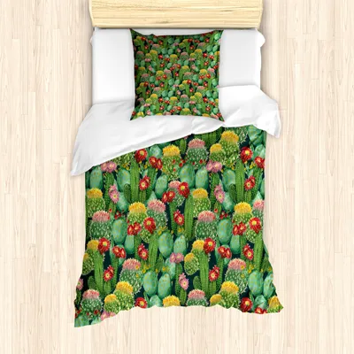 Produktbild von ABAKUHAUS Natur Mantele, Kaktus-Blumen-Garten, Milbensicher Allergiker geeignet mit Kissenbezügen, 135 cm x 200 cm - 80 x 80 cm, Mehrfarbig
