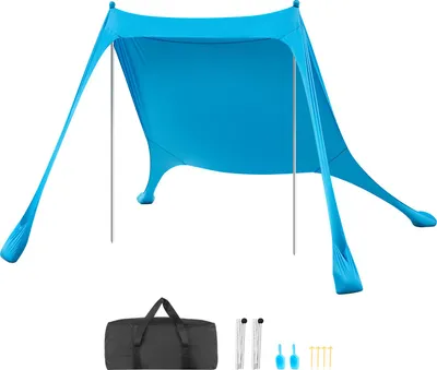 Produktbild von VEVOR Strandzelt mit Sonnenschutz (UPF 50+) 2,3 x 2,3 x 2 m Grundfläche, Strandmuschel mit Stützstangen & Sandschaufeln, Tragbares Sonnensegel für Familienausflüge Camping Angeln Blau