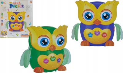 A toy owl and its packaging are displayed against a white background.