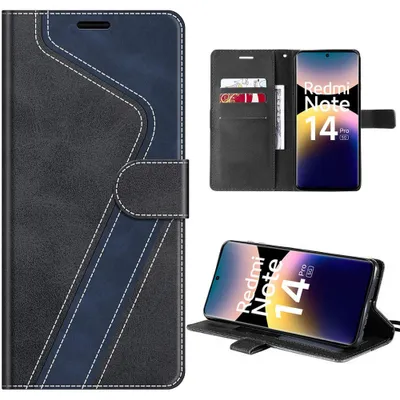 Image de Coque pour Xiaomi Redmi Note 14 Pro 5G, Anti-Rayures Antichoc Cuir Synthétique Noir Bleu Marine