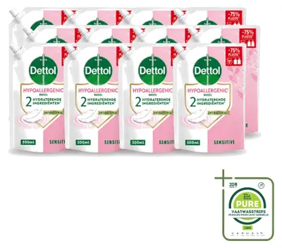 Productafbeelding van 12 x Dettol Handzeep Navulverpakking Hypoallergeen voor Gevoelige Huid - 500 ml - Grote verpakking - 12 stuks