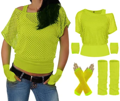 Immagine prodotto di Completo anni '80: maglietta in rete, canotta, scaldamuscoli, guanti a rete, colori neon, set da 8 pezzi, tema: anni '80