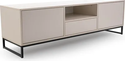 A beige TV cabinet with a black metal frame on a white background.