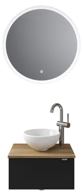 Produktbild von Pelipal Serie 6915 SET-044-177 Block bestehend aus: Keramik-Aufsatzbecken, Waschtischplatte, Waschtischunterschrank, LED Spiegel