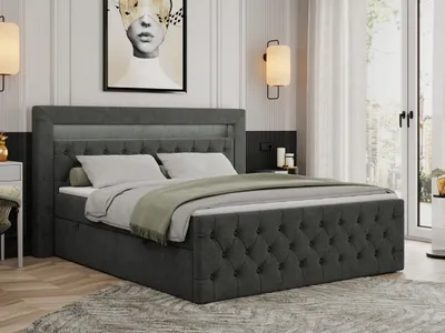 Produktbild von Boxspringbett 180x200 mit Led, Polsterbett 180x200 mit LED Kopfteil - Multipocket-Matratze H3 - Doppelbett mit Bettkasten Stauraumbet - GOLD-9 - 180x200cm - Strukture - Dunkelgrau - H3