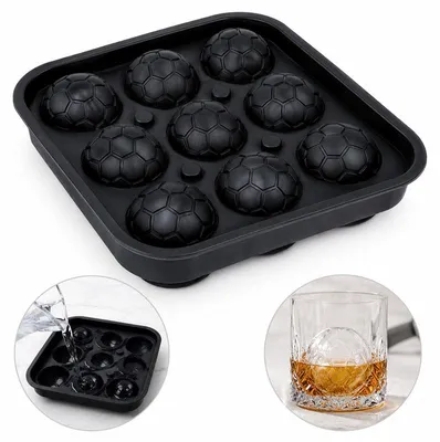 Produktbild von Football Eiswürfelform Silikon 3D Fußball Eiswürfel Form mit Deckel Eiswürfelbereiter Whisky Eisform für Getränke Cocktail 9-fach schwarz