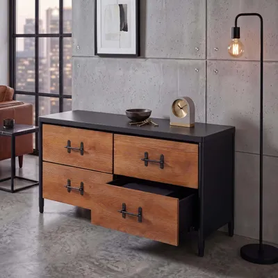 Immagine prodotto di Comodino HWC-Q66, credenza, cassetti in stile industriale 60x120x40 cm ~ legno marrone, metallo nero