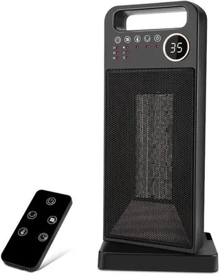 Zdjęcie produktu dla Grzejnik ceramiczny z wentylatorem – moc 2000 W – czarna, kolumnowa konstrukcja – elektryczny – do użytku w pomieszczeniach – z pilotem