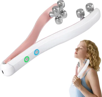 Produktbild von Doppelkinn-Entferner - V‑Face Lifting-Maske & Gesichtsmassagegerät - 3 EMS‑Modi - Roller - Straffend & Antifalten - Für kleine & große Gesichter - Rosa/Weiß