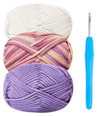 Image de Fil à crocheter, mélange coton-nylon, 3 pelotes de 50g, avec un crochet de 4 mm, coloris violet et blanc