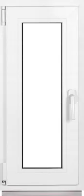 A white window frame with a clear glass pane, shown from the front.
