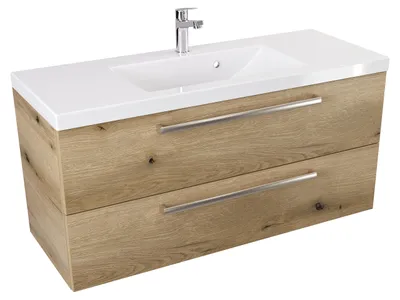 Produktbild von ATHD Wandhängender Unterschrank mit Spüle 100 cm - Evoke  Matt Eiche - Griffe aus gebürstetem Edelstahl